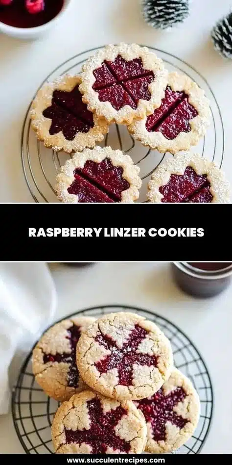 Freshly baked Raspberry Linzer Cookies with jam filling and powdered sugar on top