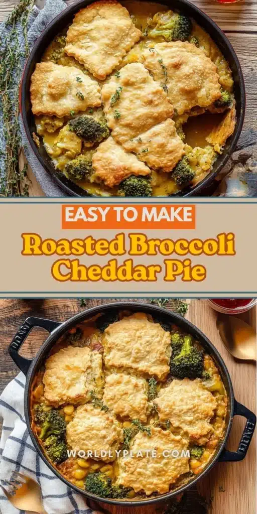 Roasted broccoli cheddar chicken pot pie served in a rustic dish