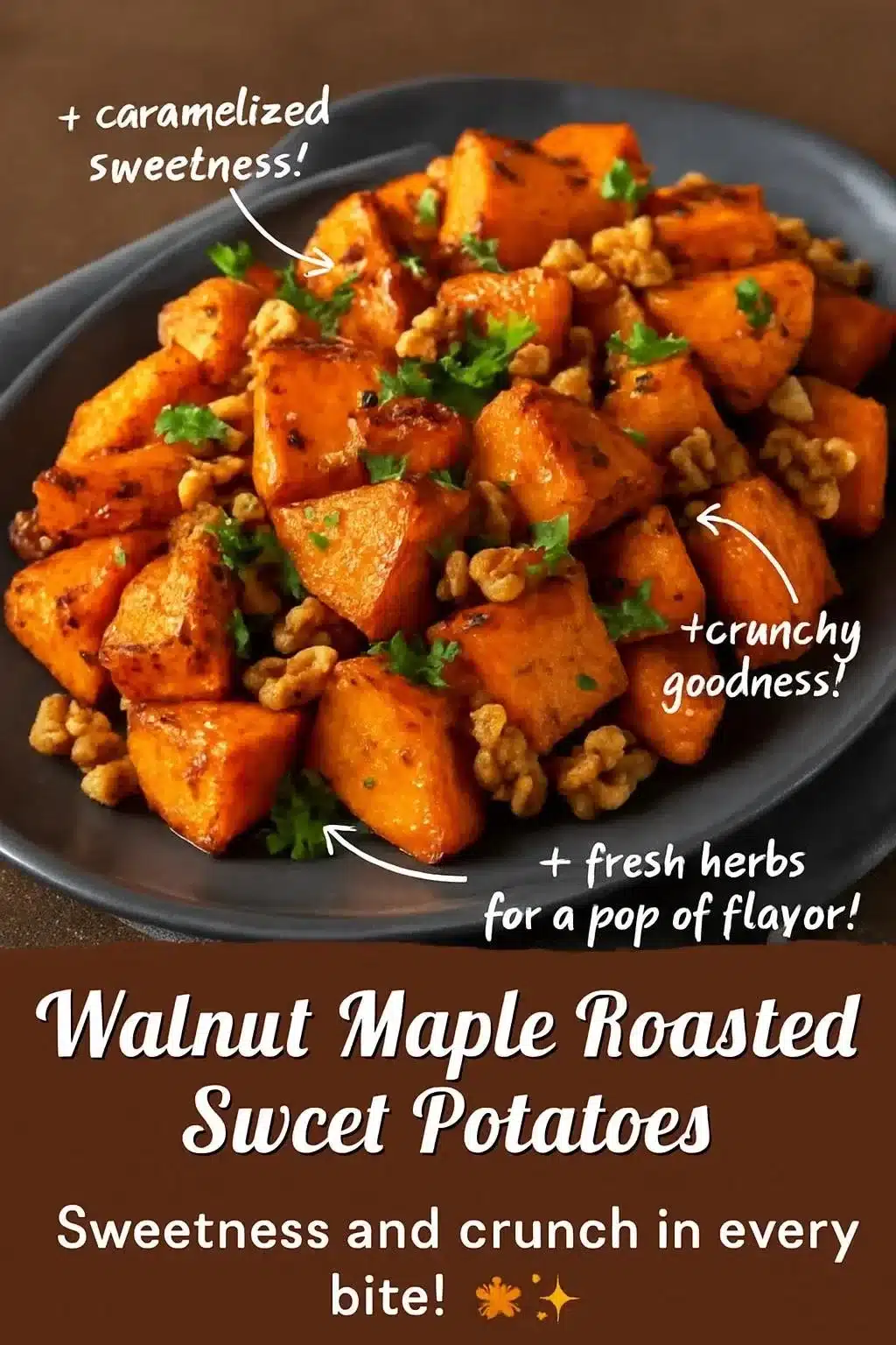 Roasted maple sweet potatoes topped with walnuts on a serving dish.