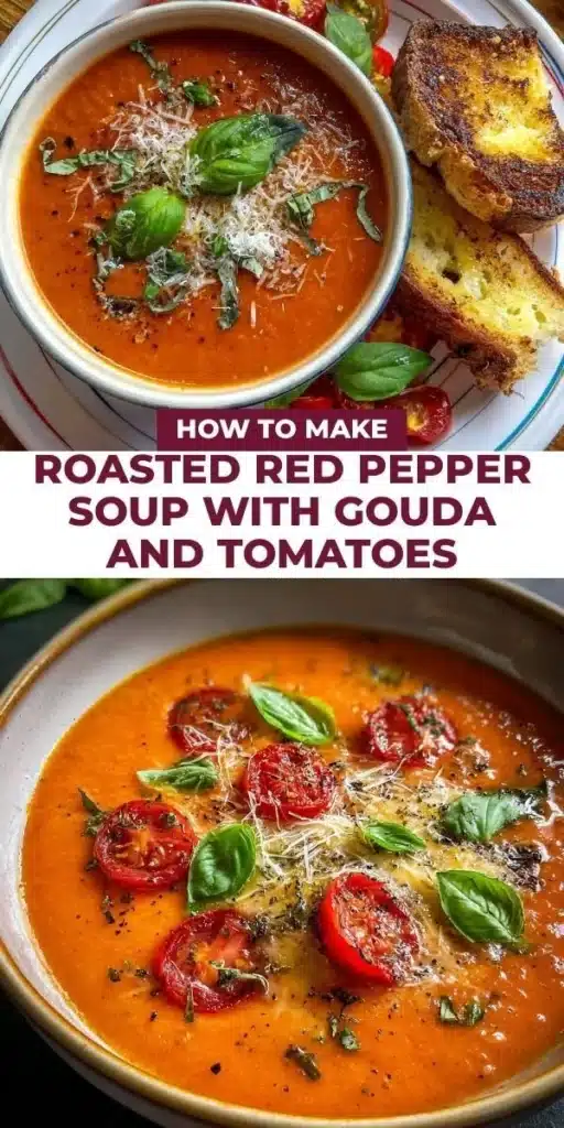 Bowl of Roasted Red Pepper Soup topped with Gouda cheese and fresh tomatoes