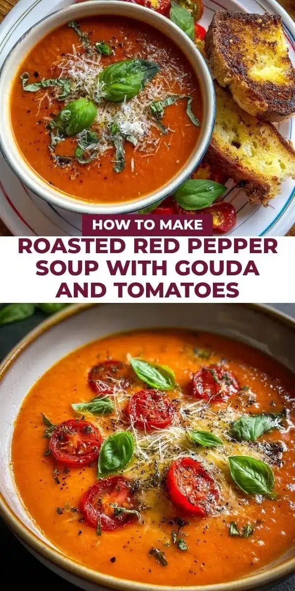 Bowl of Roasted Red Pepper Soup topped with Gouda cheese and fresh tomatoes