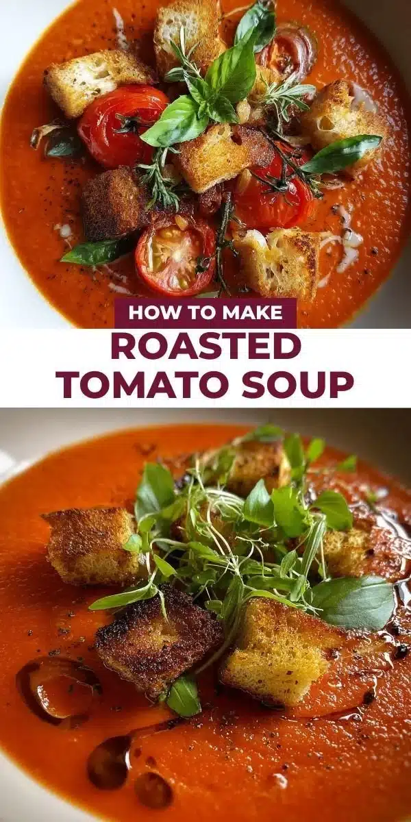 Bowl of rich roasted tomato soup garnished with fresh basil and croutons