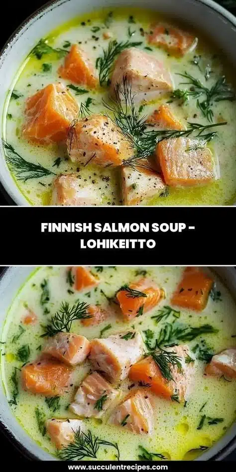 Bowl of creamy salmon soup garnished with herbs and vegetables