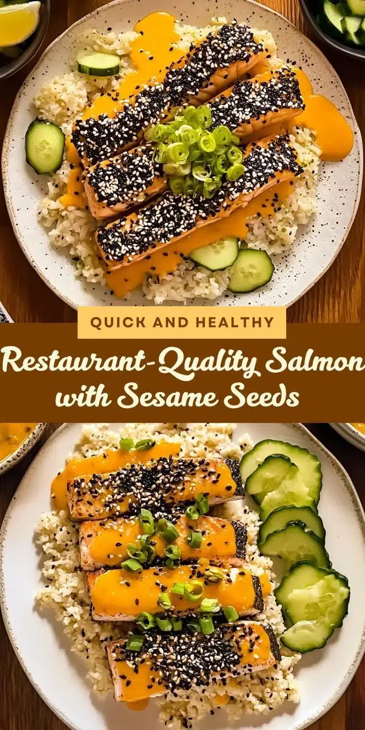 Delicious salmon fillet garnished with sesame seeds on a plate