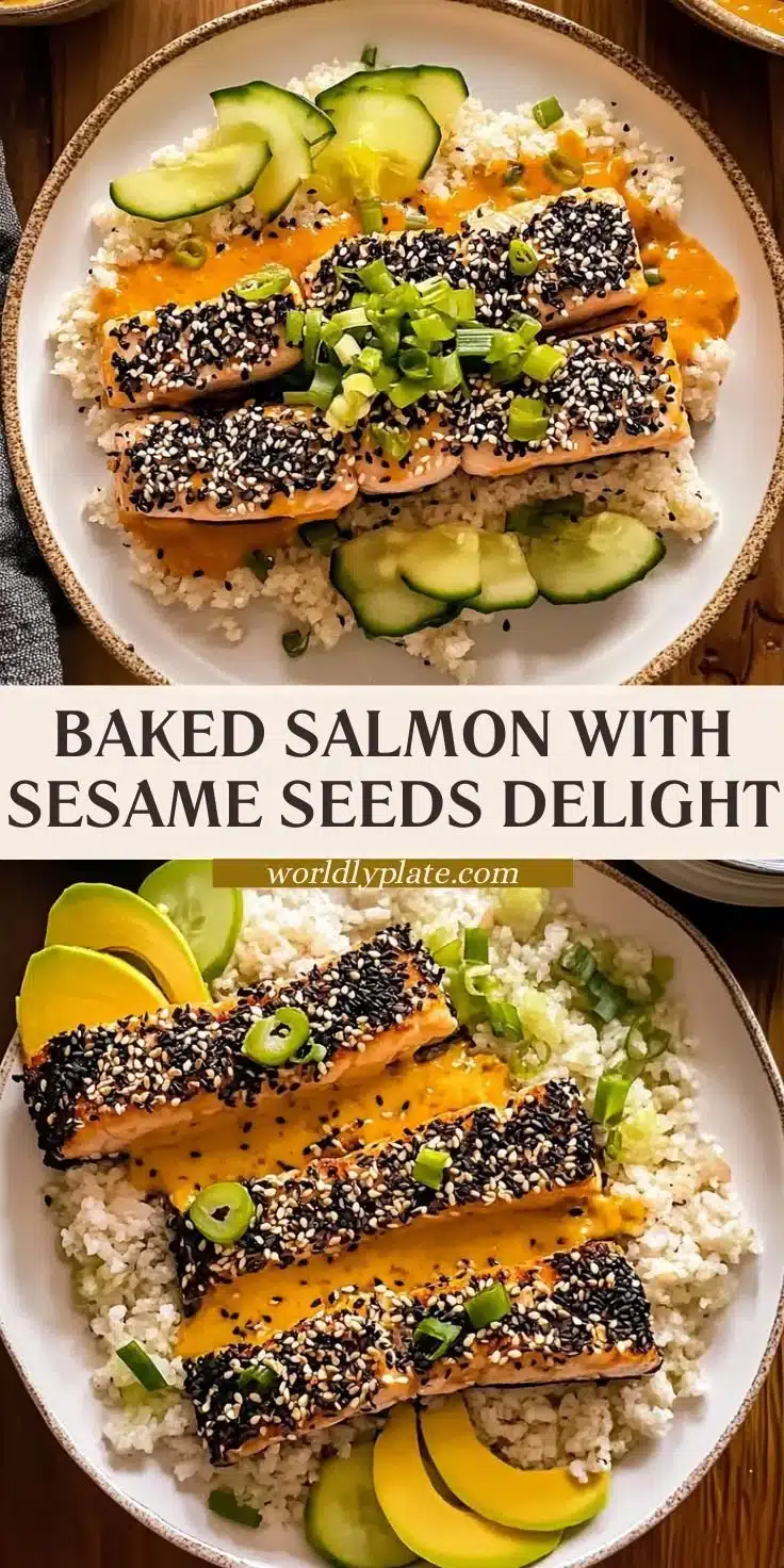 Delicious salmon fillet garnished with sesame seeds on a plate.