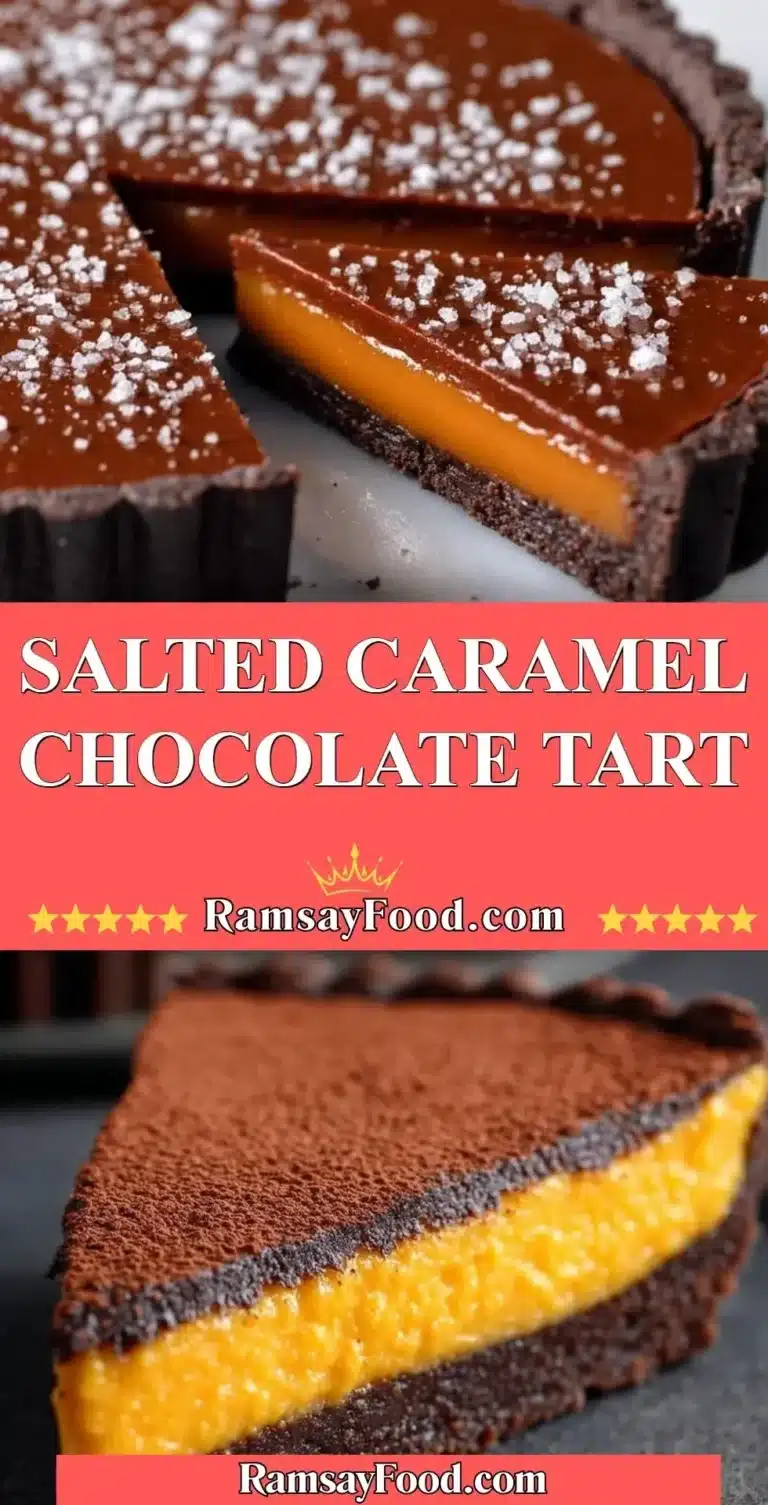 Delicious salted caramel chocolate tart topped with sea salt and chocolate drizzle