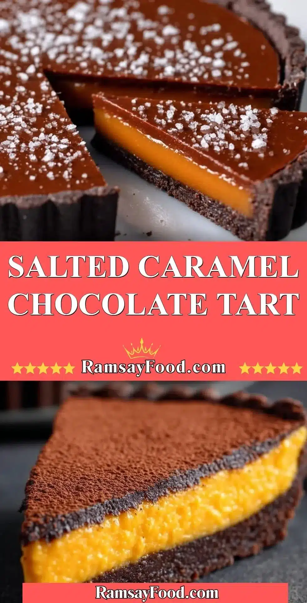Delicious salted caramel chocolate tart topped with sea salt and chocolate drizzle
