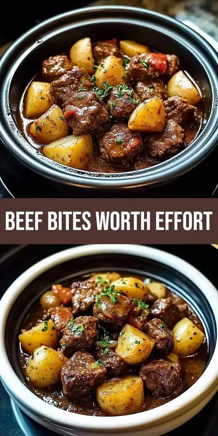 Slow Cooker Garlic Butter Beef Bites with Potatoes served in a bowl