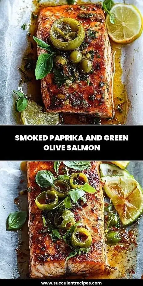 Delicious smoked paprika and green olive salmon dish ready to be served.
