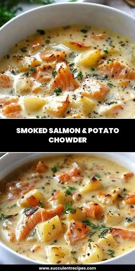 Bowl of smoked salmon and potato chowder garnished with herbs.