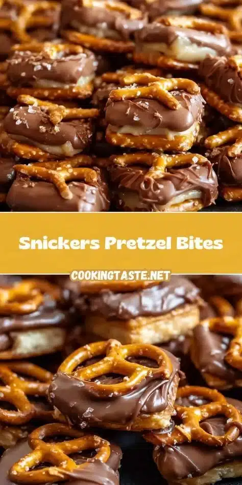 Delicious Snickers Pretzel Bites featuring crunchy pretzels and creamy caramel.