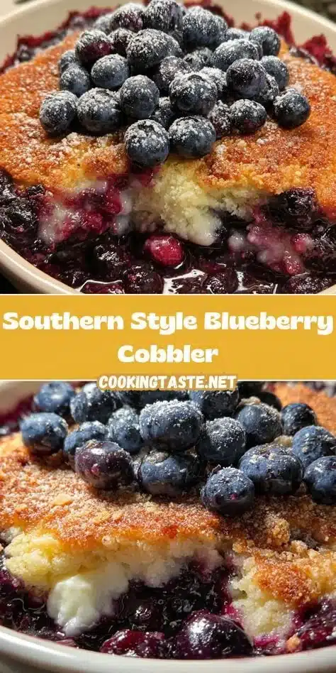 Southern Style Blueberry Cobbler topped with fresh blueberries and golden crust