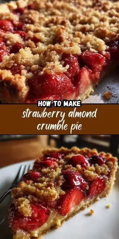 Slice of strawberry almond crumble pie with fresh strawberries and almond topping