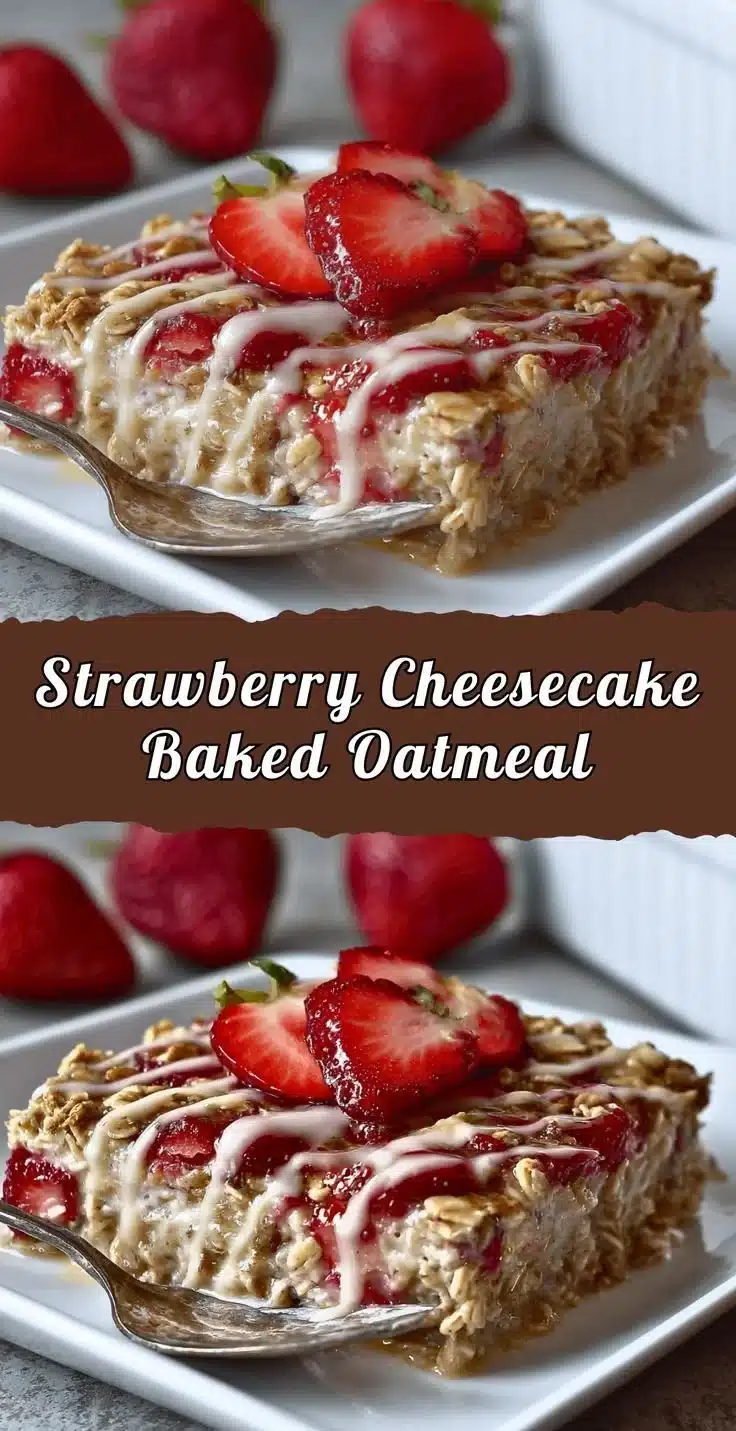Delicious strawberry cheesecake baked oatmeal in a bowl with fresh strawberries on top