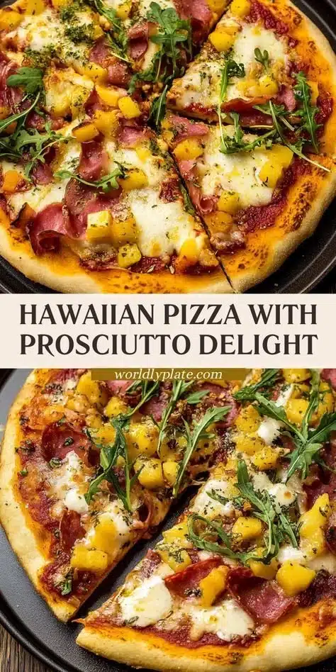Ultimate Hawaiian pizza topped with prosciutto and pineapple slices.