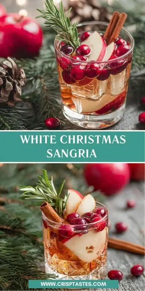 Delicious White Christmas Sangria in a festive glass, garnished with fruits.