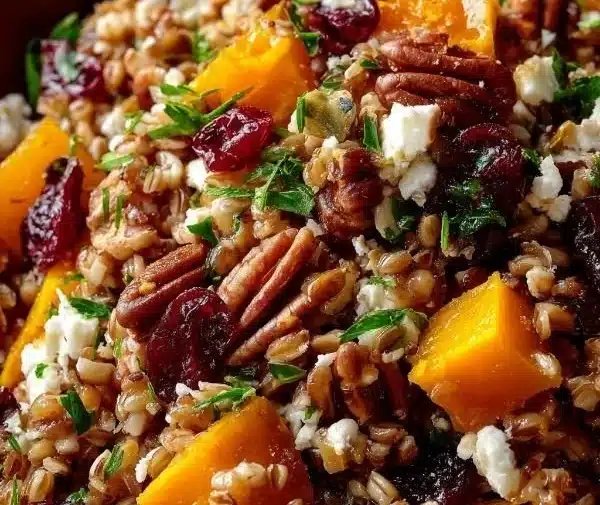 Autumn Harvest Grain Salad with Cranberries and fresh seasonal ingredients.