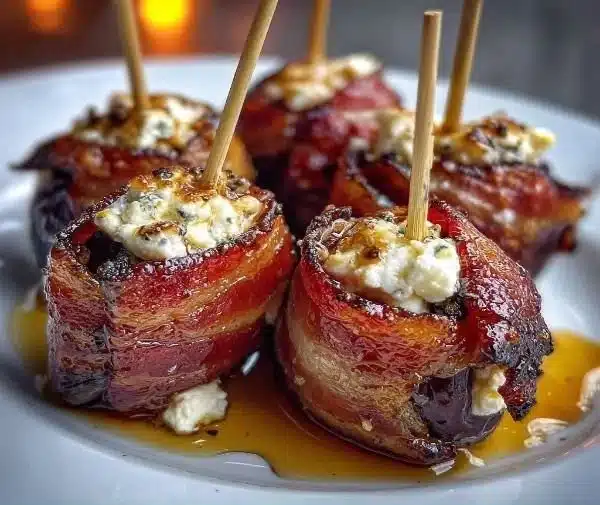Handcrafted bacon wrapped dates stuffed with goat cheese and drizzled with honey