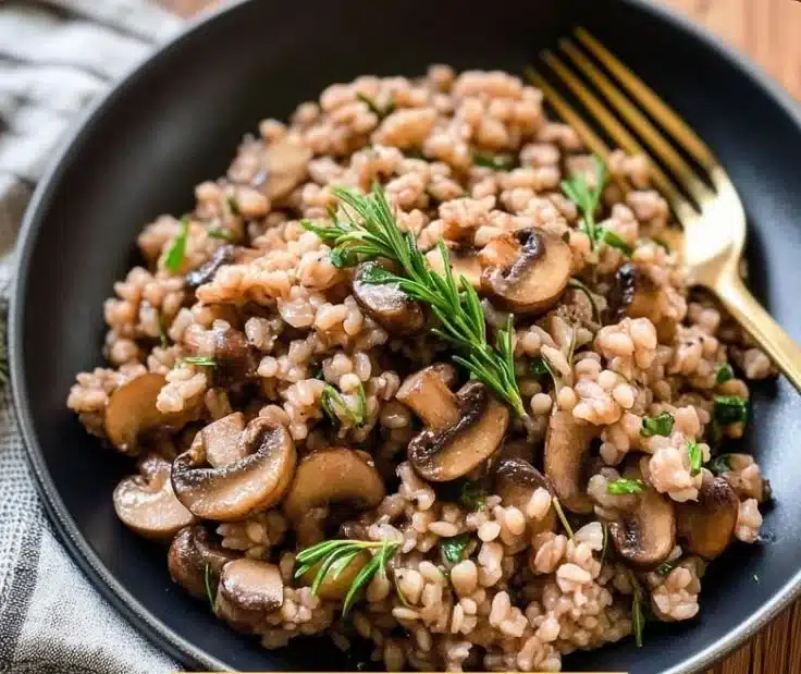 Healthy Baked Mushroom Farro with Thyme served in a rustic bowl