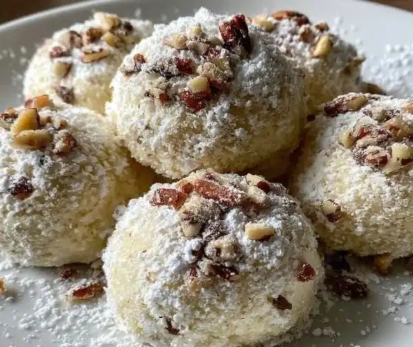 Buttery Pecan Snowball Cookies dusted with powdered sugar
