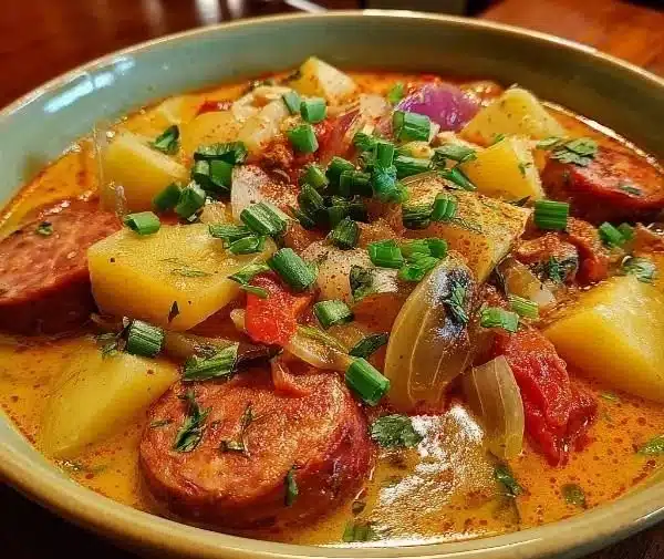 Bowls of Cajun Potato Soup with Sausage garnished with herbs