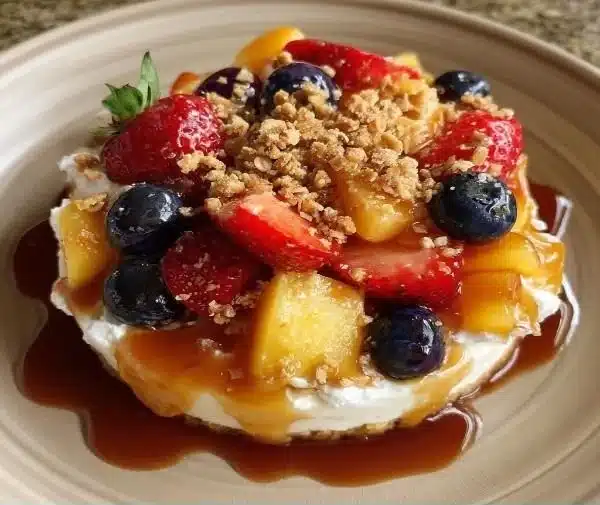 Delicious Caramel Crunch Cheesecake Fruit Salad served in a bowl
