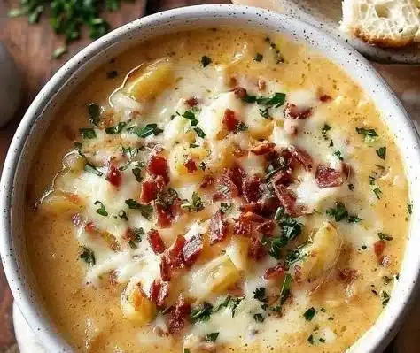 Bowl of cheesy loaded baked potato soup topped with green onions and bacon