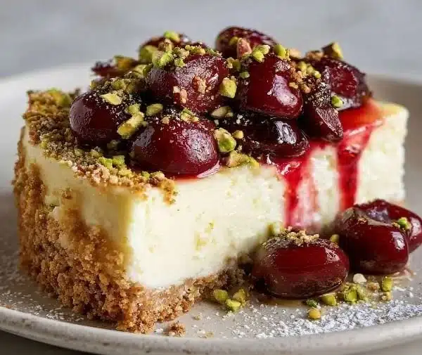 Delicious Cherry Pistachio Cheesecake garnished with cherries and pistachios