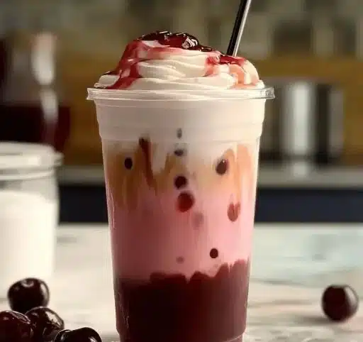 Delicious Cherry Vanilla Iced Latte in a glass with cherries on the side
