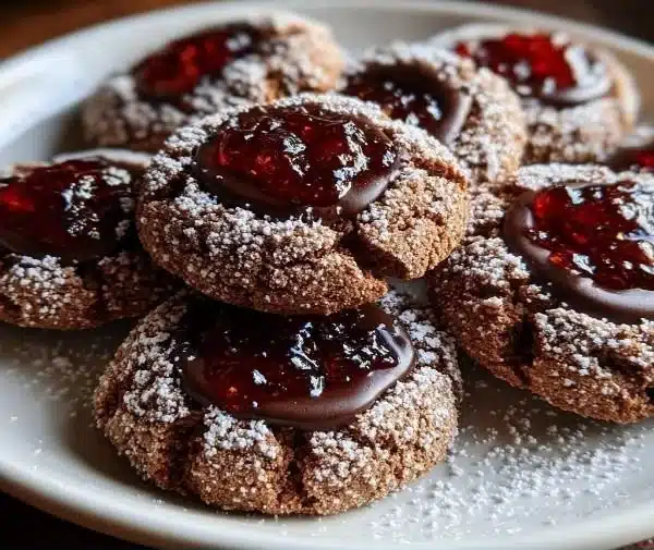 Delicious Chocolate Thumbprint Cookies on a white plate with a chocolate filling.