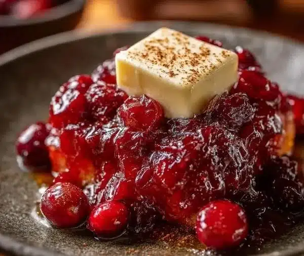 Christmas Cranberry Honey Butter spread on a slice of bread