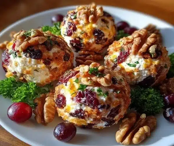 Delicious Christmas cranberry walnut cheese balls ready for holiday serving
