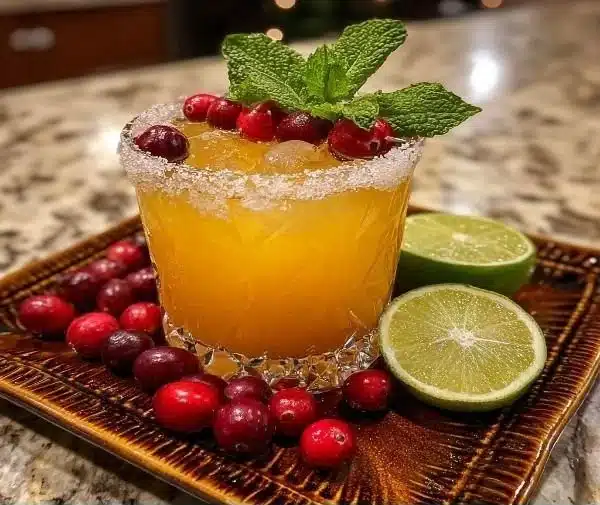 Festive Mistletoe Margarita in a glass with holiday decorations