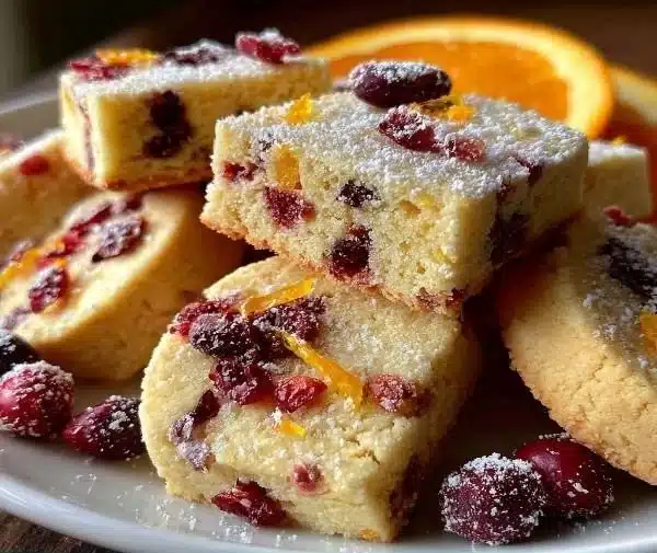 Cozy Cranberry Orange Shortbread 5 Delicious cranberry orange shortbread cookies on a rustic wooden table