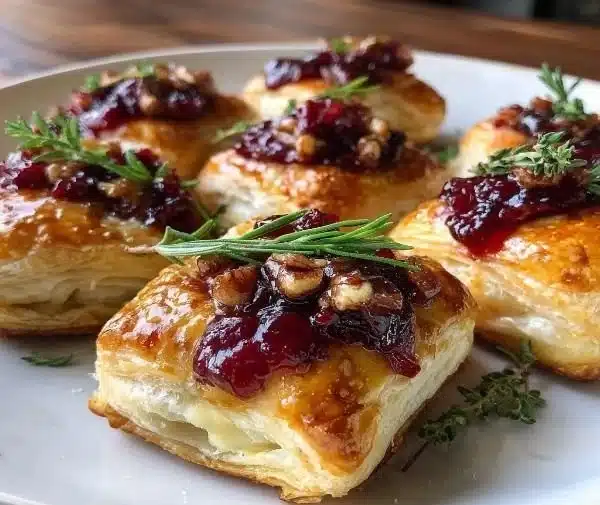 Cranberry Brie Bites 4 Deliciously baked Cranberry Brie Bites served on a platter.