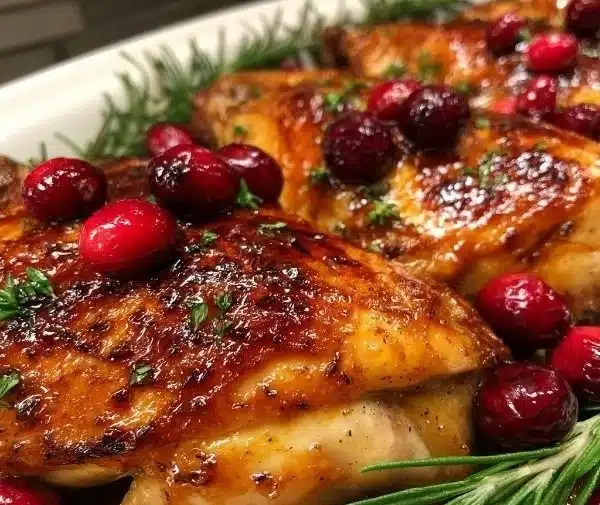 Cranberry maple roast chicken served with seasonal vegetables.