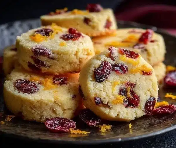 Delicious cranberry orange shortbread cookies on a festive plate