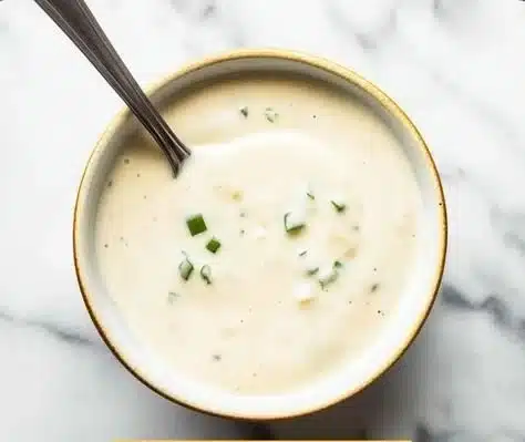 Creamy horseradish sauce in a bowl with fresh herbs