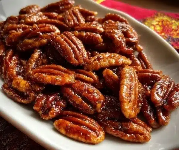 Crockpot Fireball Whisky Candied Pecans in a bowl