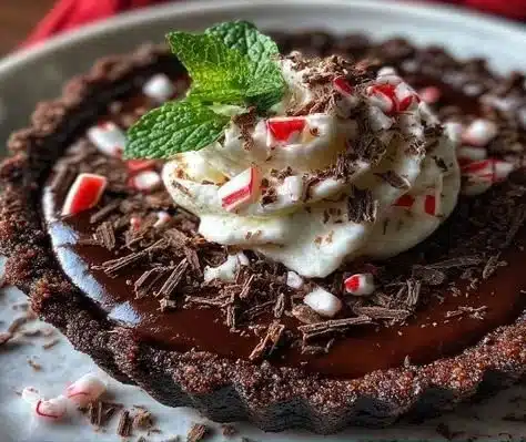 Dark chocolate peppermint mousse tart with a rich and creamy texture