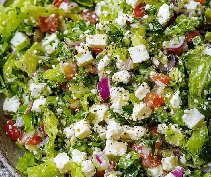 Delicious feta chopped salad with fresh vegetables and dressing