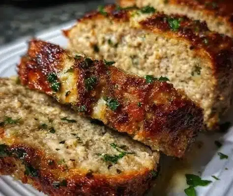 Delicious Garlic Parmesan Chicken Meatloaf baked to perfection