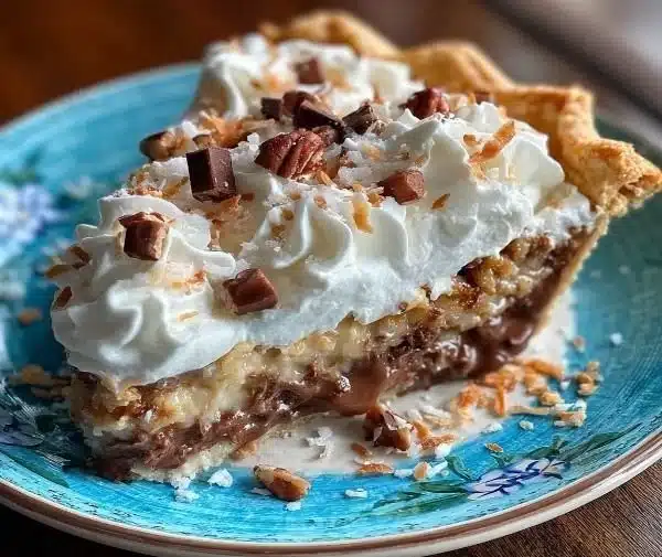 Delicious slice of German Chocolate Pie topped with coconut and pecans