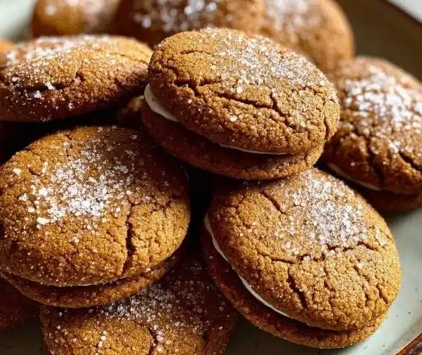 Delicious Ginger Molasses Sandwich Cookies on a rustic table.