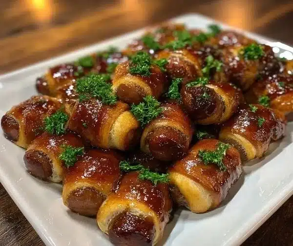 Delicious glazed pigs in a blanket appetizer served on a platter.