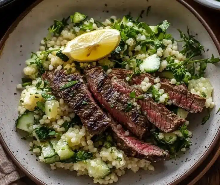 Juicy grilled skirt steak served with zesty lemon herb couscous