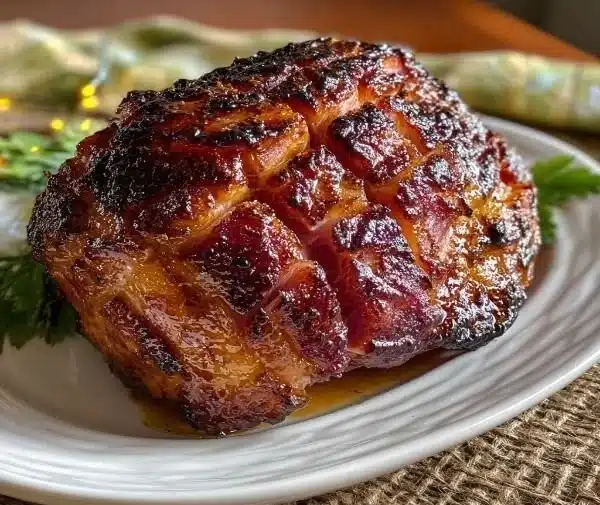 Delicious maple bourbon glazed ham served on a festive table.