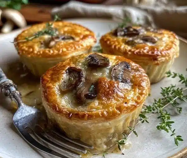 Mini Mushroom & Gruyère Pot Pies in individual serving dishes.