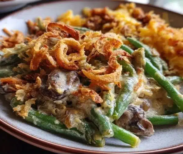 Delicious green bean casserole topped with crispy onions and creamy sauce