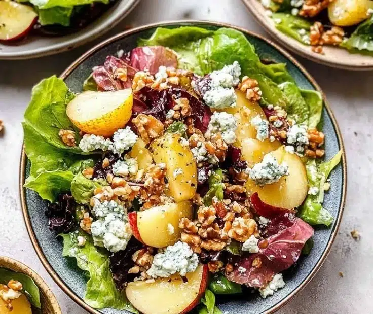 Pear and Blue Cheese Salad topped with Shallot Vinaigrette